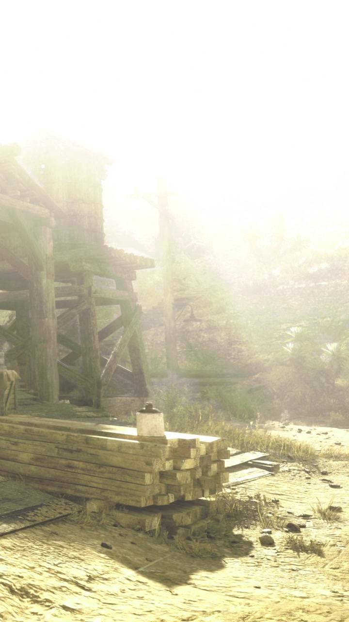 Sunlight shines on wooden beams near a construction site in the forest