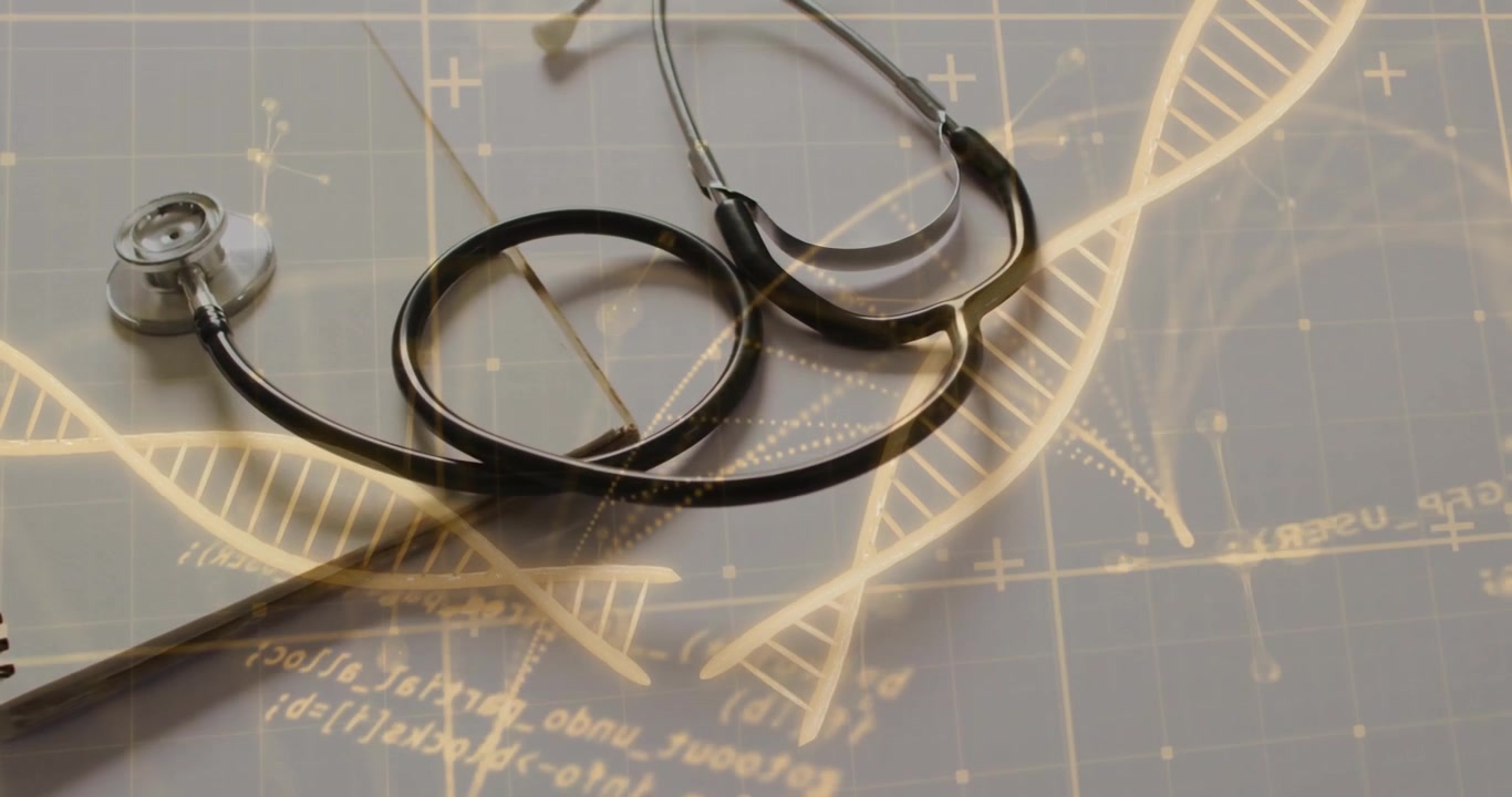 Bagliore iniziale che forma un'elica di DNA attorno a uno stetoscopio, linee che mappano la rete, collegamento pulsante alla genetica