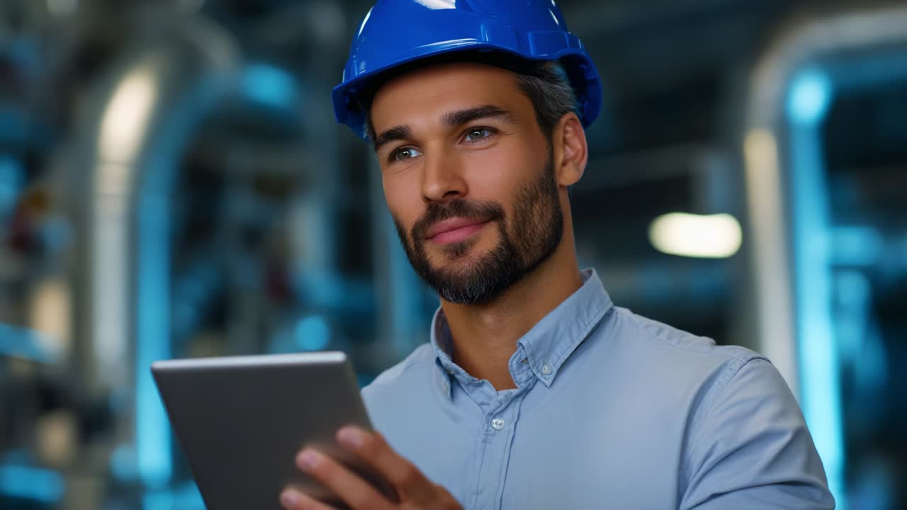 Um operário da construção civil usando um capacete de segurança azul está concentrado em utilizar um tablet digital, simbolizando a integração da tecnologia e da segurança em ambientes industriais modernos e demonstrando inovação.