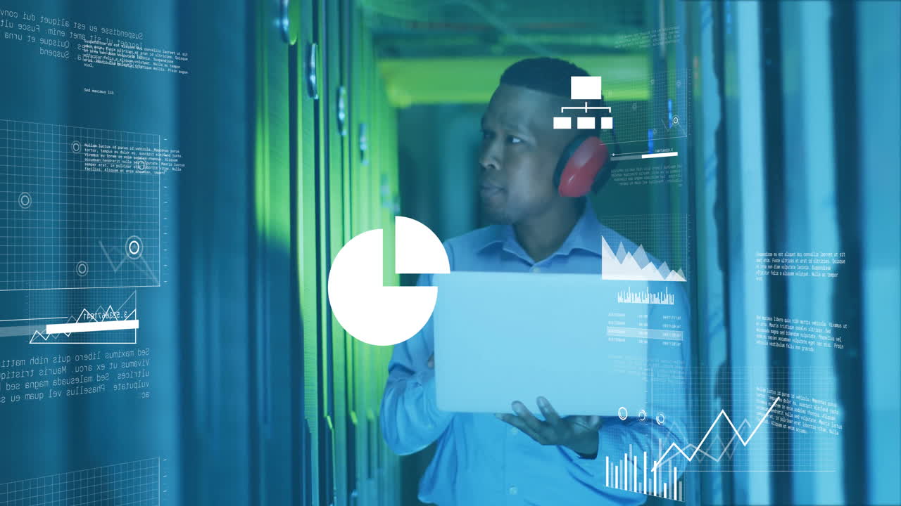 Animation of diagrams and data processing over biracial male worker in server room