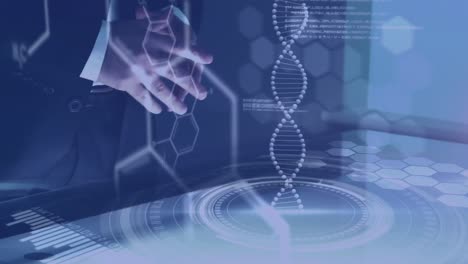 Animation-of-dna-helix,-hexagon-and-codes-over-midsection-of-businessman-using-modern-technology