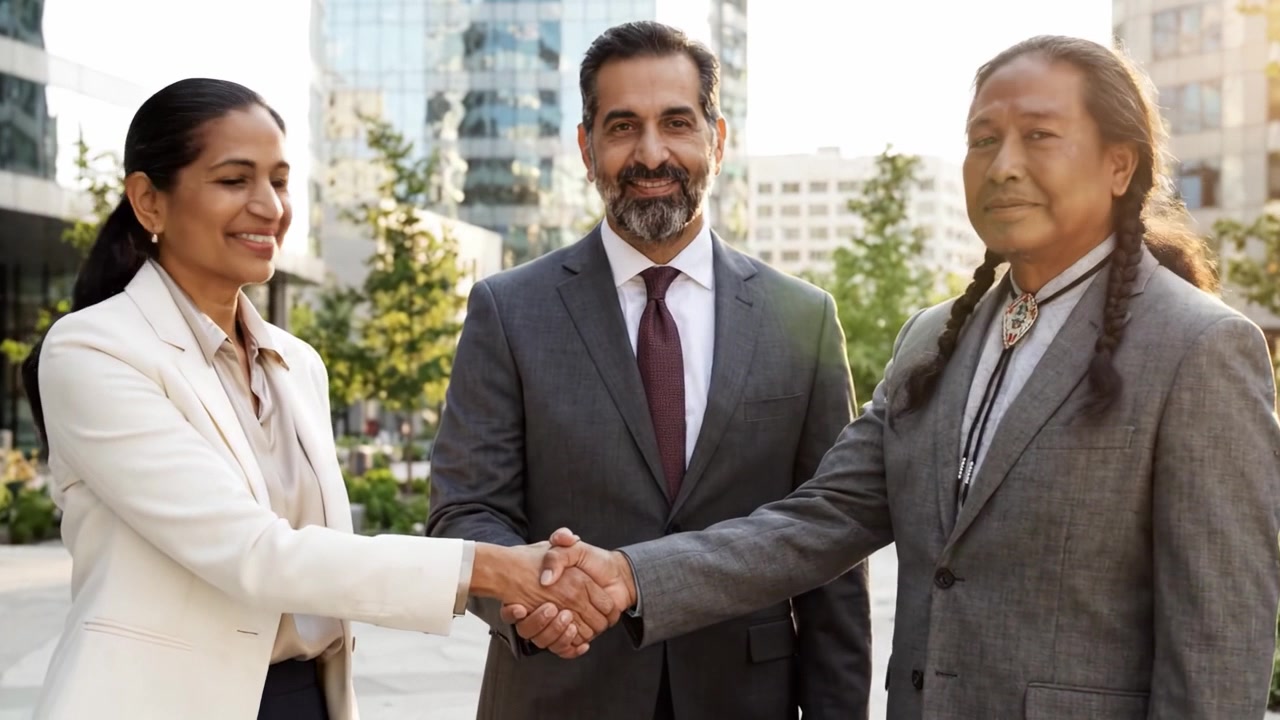 Encuentro profesional: Tres personas se dan la mano en un entorno urbano moderno con vegetación y estructuras de cristal