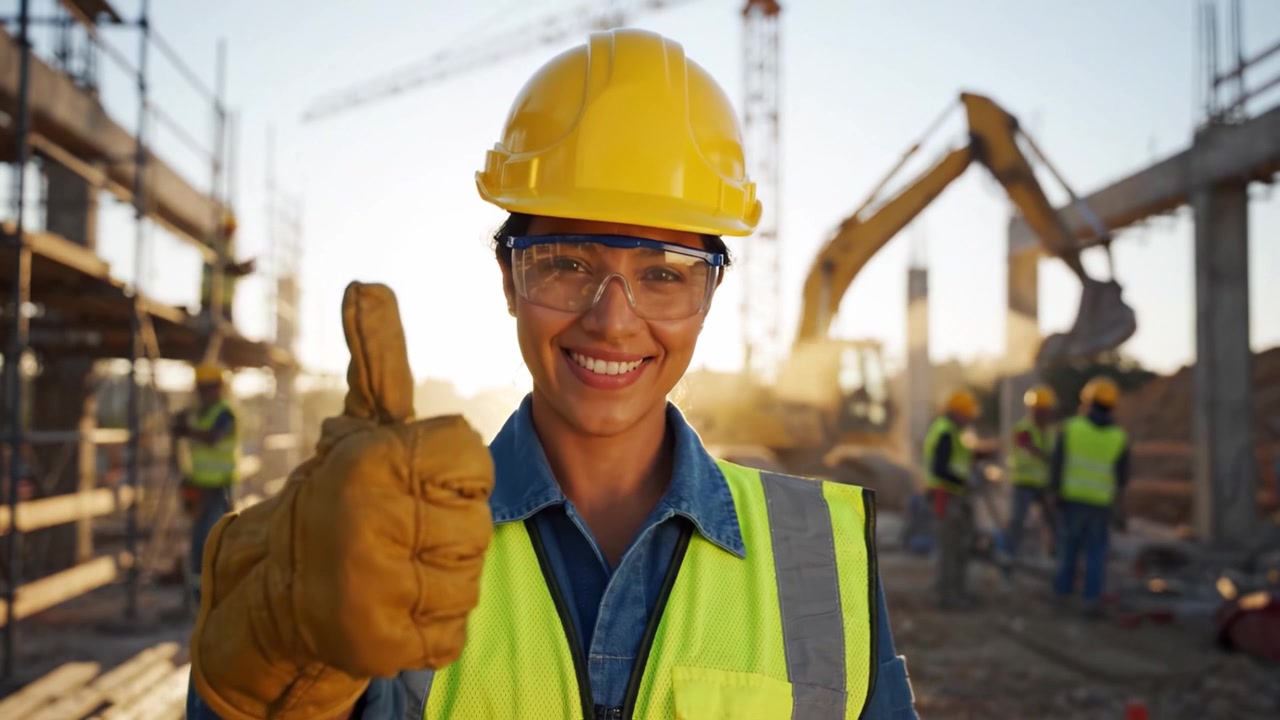 Empowered and Confident Construction Worker on Site, Showcasing Professionalism and Dedication in a Safe Environment with Fellow Workers in the Background