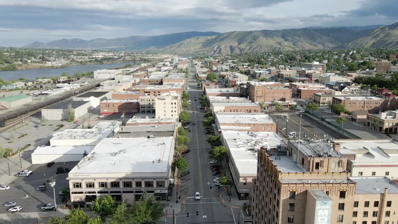 Aerial view of downtown Wenatchee, a small town in Washington, USA.