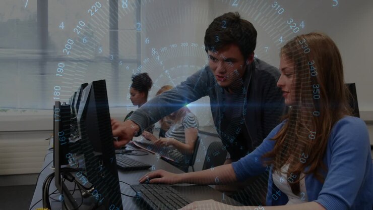 Male peer leaning over student in lab guiding typing as numeric overlay marking steps solving task