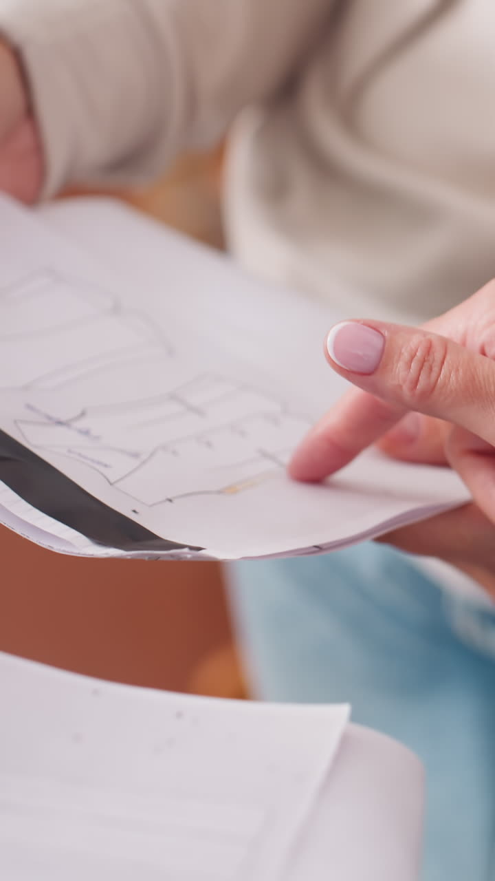 Mujer caucásica revisando bocetos de patrones de costura durante una consulta en una boutique, diseñador de estudio dibujando revisiones, costurera comprobando la alineación de un suéter neutro, luz natural cálida, primer plano de las manos
