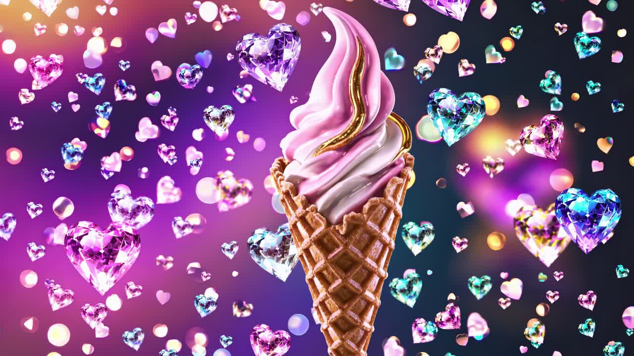 Sweet golden waffle cone holding pastel pink soft serve, sprinkled with shimmering blue and pink heart shaped confetti against blurred luminous background