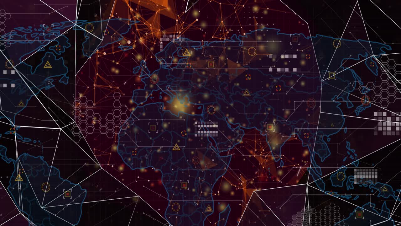 Animation of shapes, connections and icons over black background