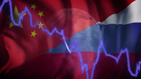 stock market graph animation over chinese and russian flags with earth in background