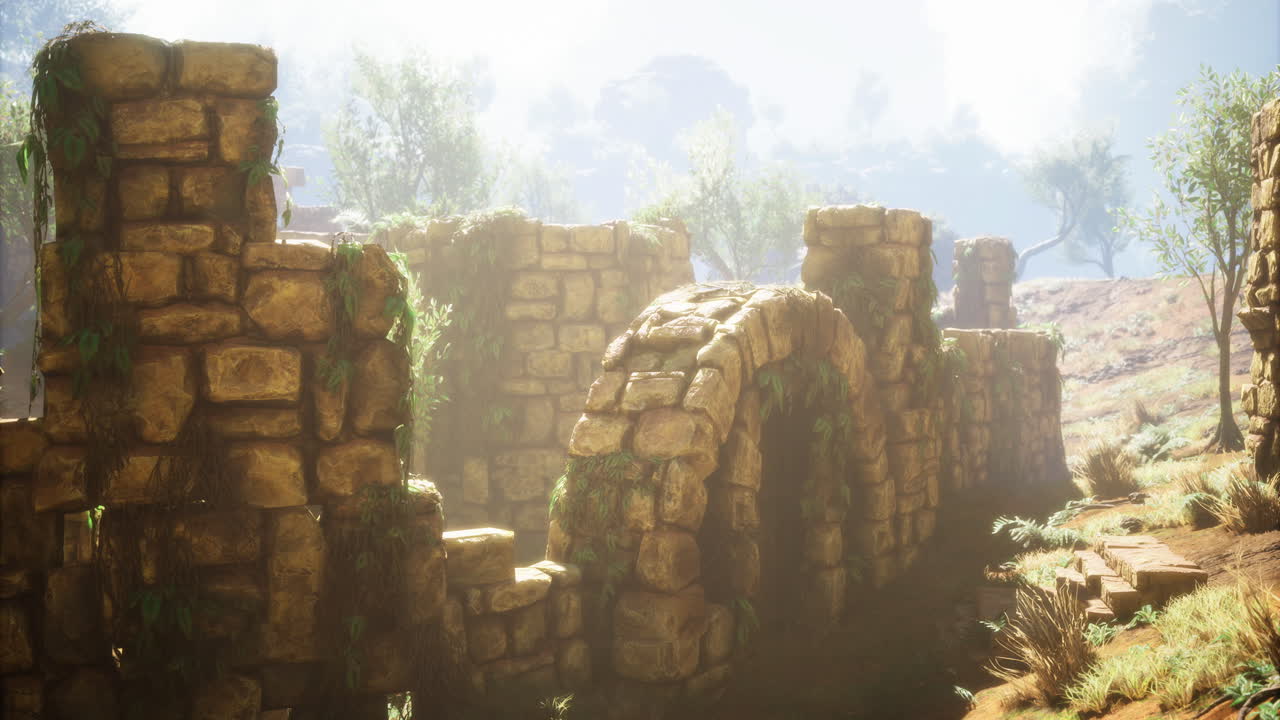 antiguas ruinas en un valle de niebla