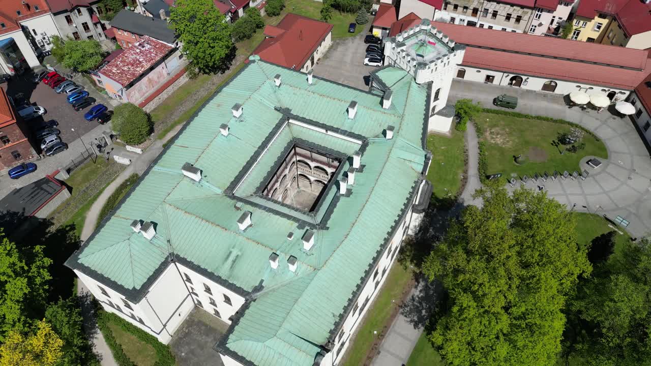 Old castle courtyard in Zywiec - aerial 4k