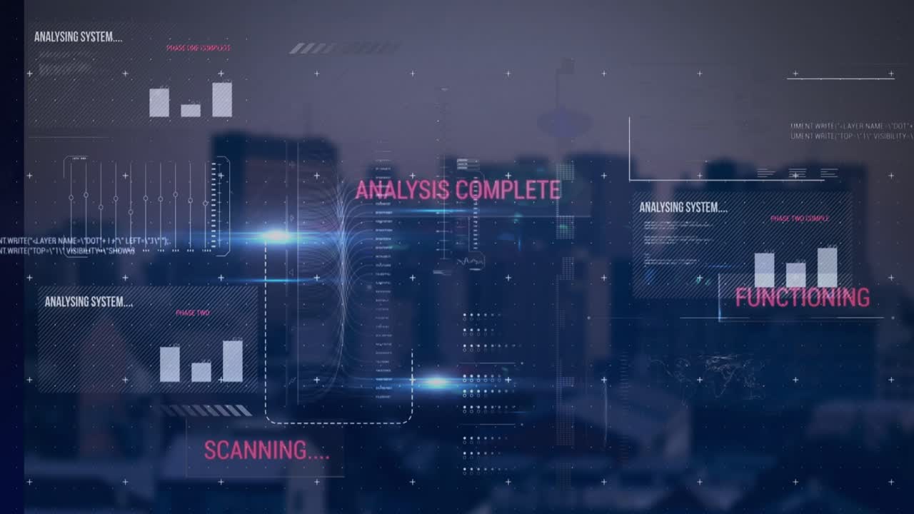 animación de la interfaz con el procesamiento de datos frente a una vista aérea del paisaje urbano