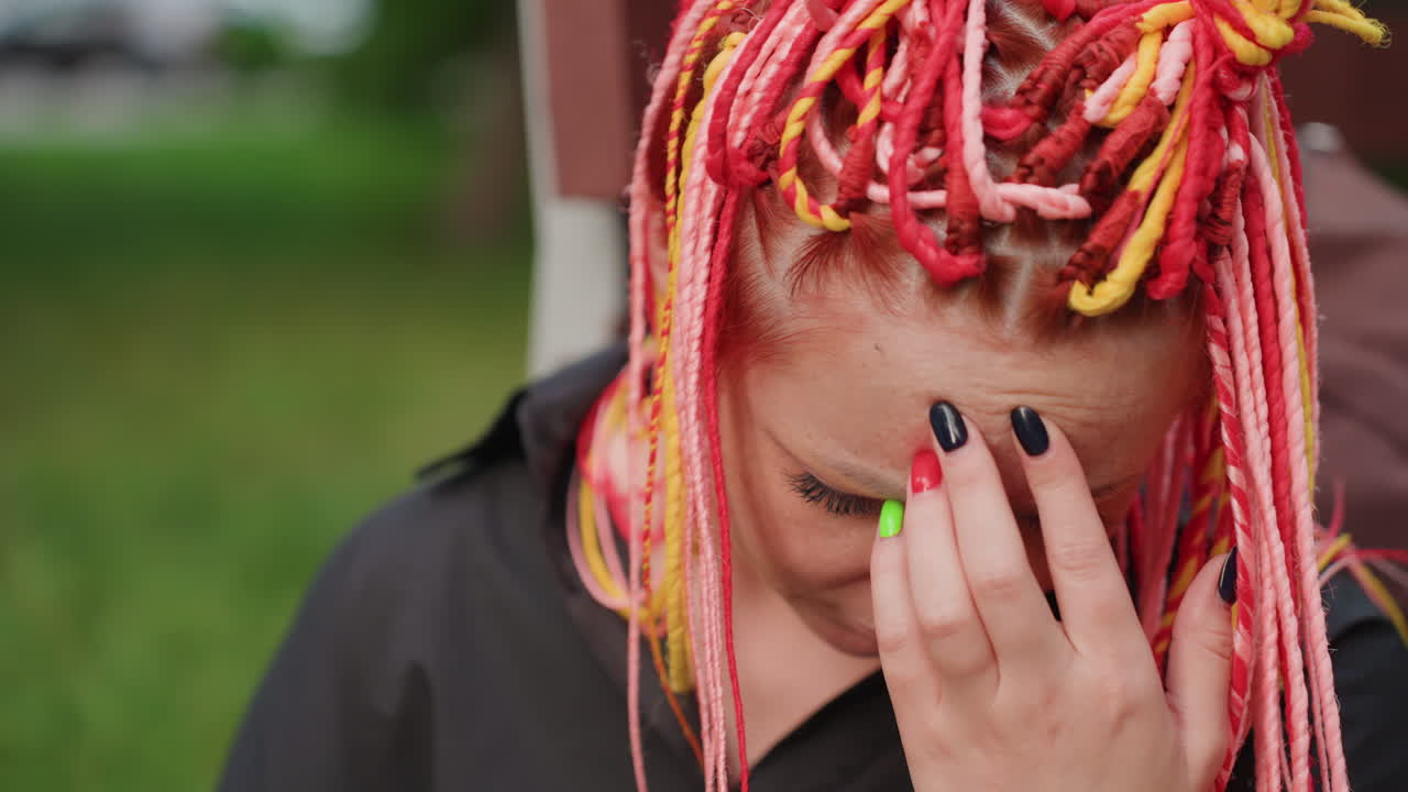 Mujer llorosa con rastas vibrantes en el exterior, mujer expresiva con coloridos mechones mostrando emoción en el exterior, mujer llorando con rastas brillantes cubriendo su cara en medio de un parque con lágrimas