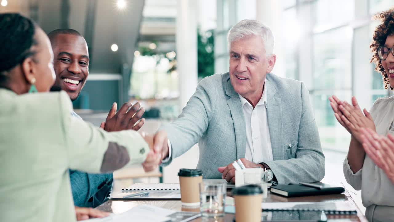 Business people, manager and handshake