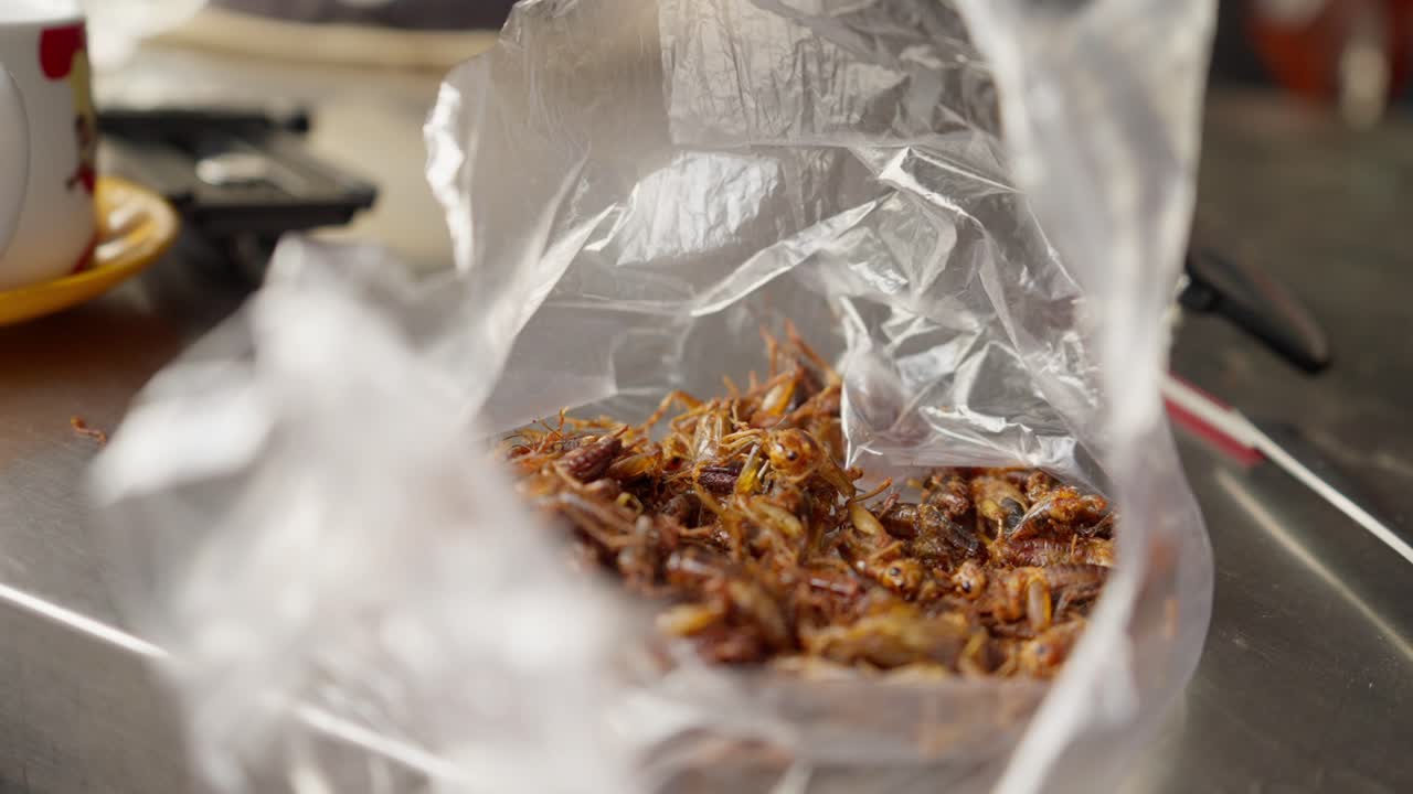Static shot of a bag of roasted insects - a delicacy in Cambodia