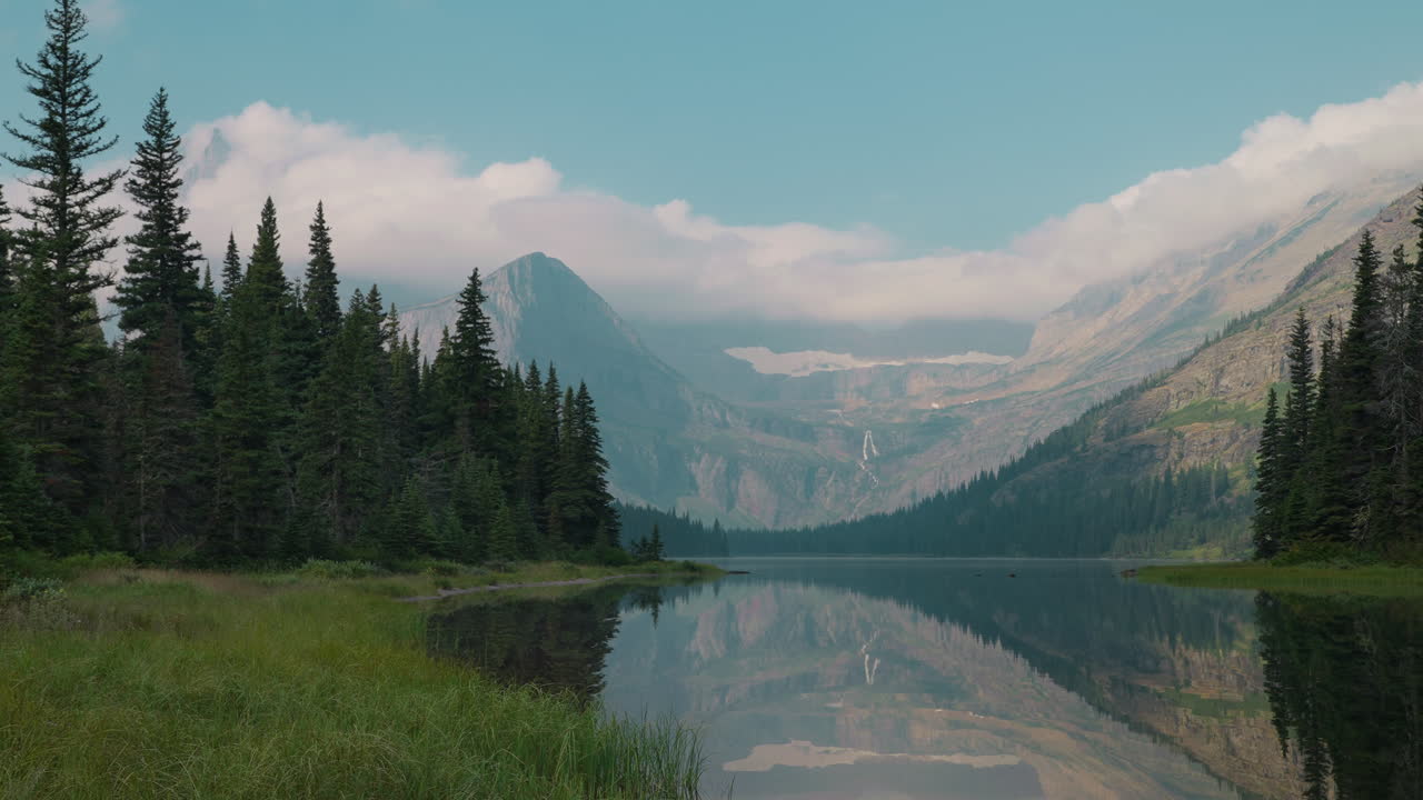 Serene Montana lake with forest and mountain reflections in calm weather