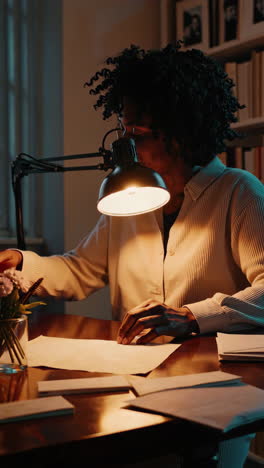 mujer escribiendo por la noche