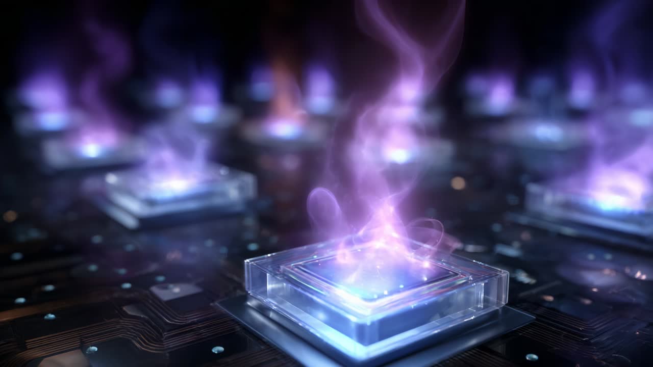 A Stunning Visual Representation of Advanced Technology Featuring Illuminated Energy Sources with Ethereal Smoke Effect, Set Against a High-Tech Circuit Background in a Futuristic Environment