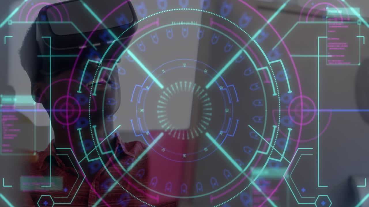 escáner de alcance de neón contra hombre afroamericano que usa auriculares vr en la oficina