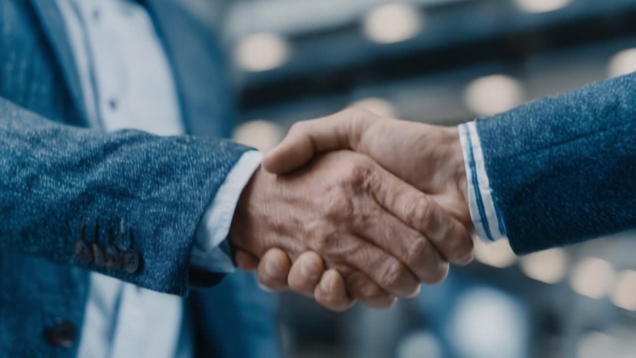 Una stretta di mano professionale che significa accordo e rispetto reciproco tra due individui in un ambiente aziendale o d'affari, evidenziando collaborazione e partnership.