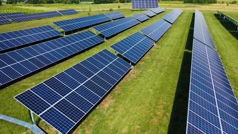 aerial view. top view on blue solar pannels. green energy. pannels in the field.