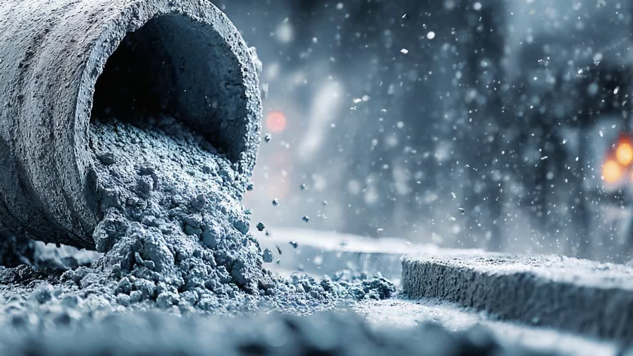 Concretely Capturing the Flow: The Transformation of Raw Materials in a Dusty Construction Site as Cement Spills from a Cylinder Amidst Snowy Conditions
