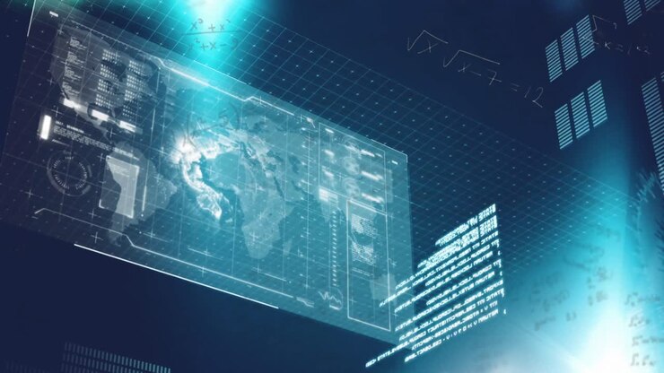 Animation of mathematical equations and blue light over interface with data processing