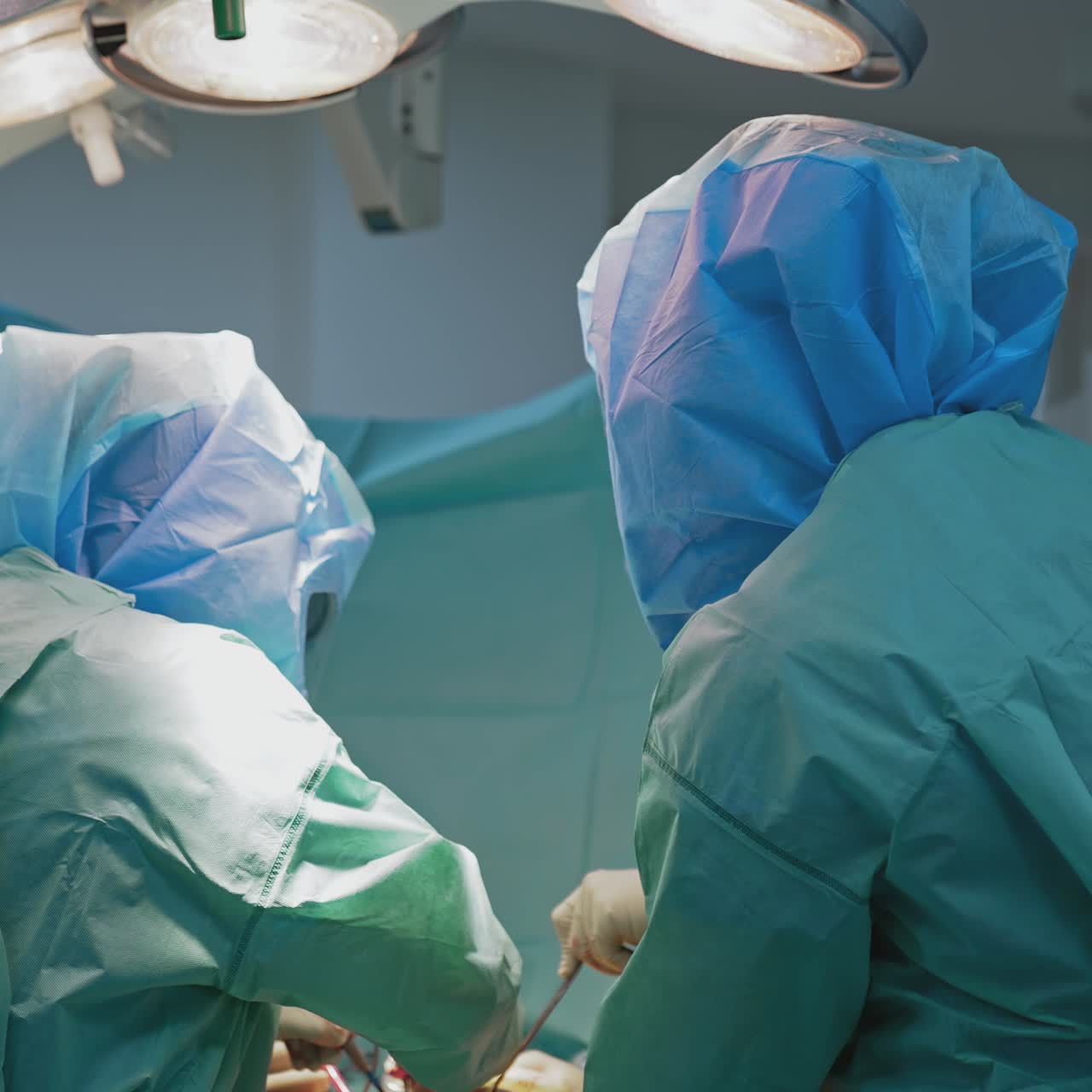 Process of trauma surgery operation. Group of surgeons in operating room with surgery equipment