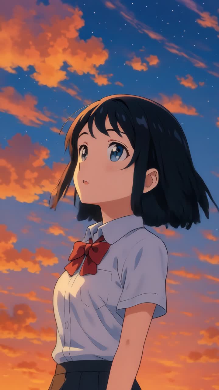 Anime-style video still of a girl gazing at a vibrant sunset sky