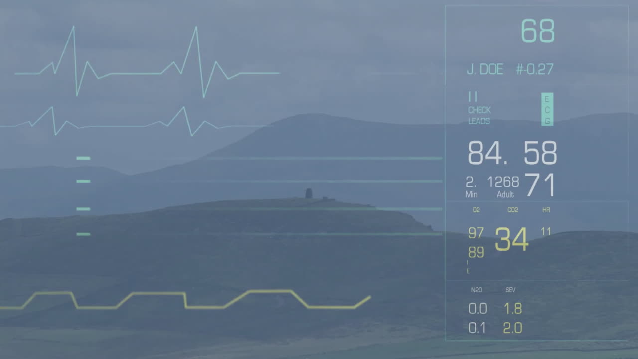Animación de datos de salud digitales con frecuencia cardíaca sobre un pintoresco paisaje montañoso.