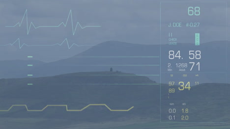 animation of digital health data with heart rate over scenic mountain landscape