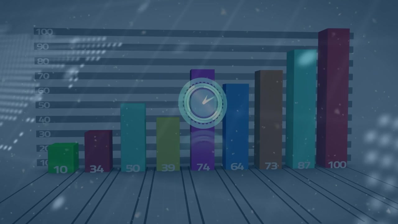 Animation of world map over clock and data processing on white background