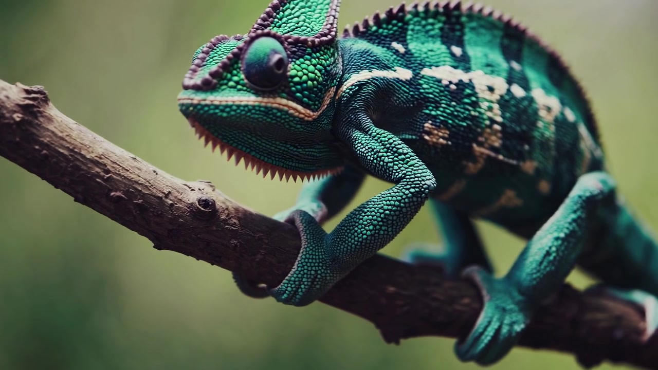 Chameleon jemenský pomalu kráčející po větvi stromu
