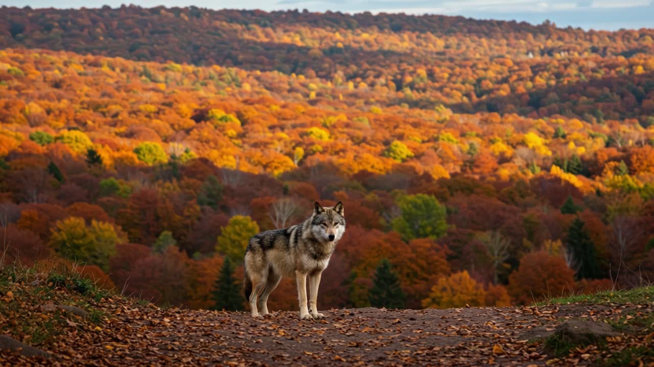 A Majestic Wolf Stands Guard in an Autumn Landscape, Surrounded by Vibrant Foliage in Shades of Orange, Yellow, and Green, Embodying Nature's Serenity and Beauty