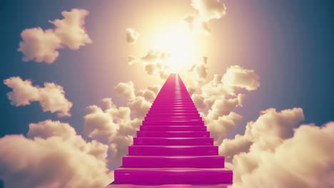 pink staircase ascending to a bright light in the sky