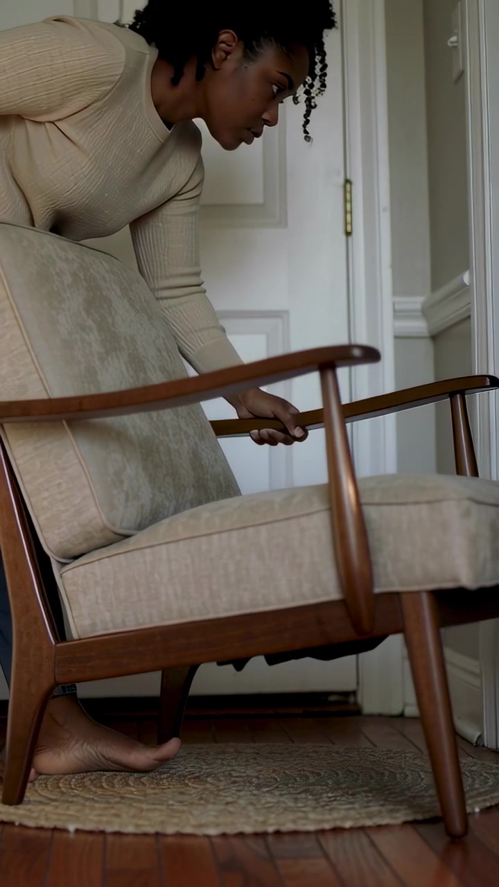 Lodret video: Kvinde i beige sweater kommer ind fra venstre og justerer en stolehynde ved døren, kopieringsplads