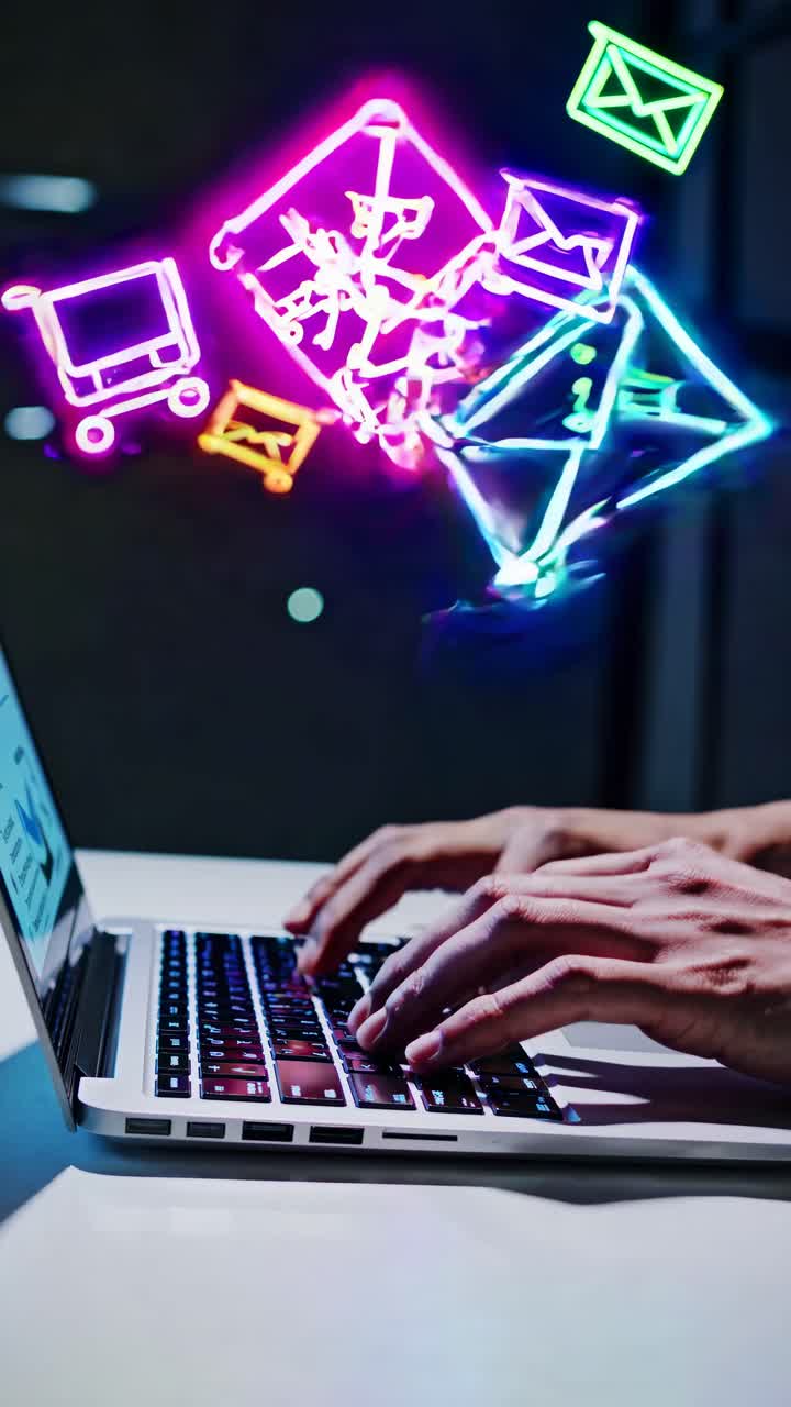 Manos escribiendo en una laptop con iconos digitales coloridos flotando encima.