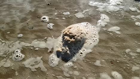 dirty sea foam froth slowly moving across sandy welsh beach with flowing water tide waves