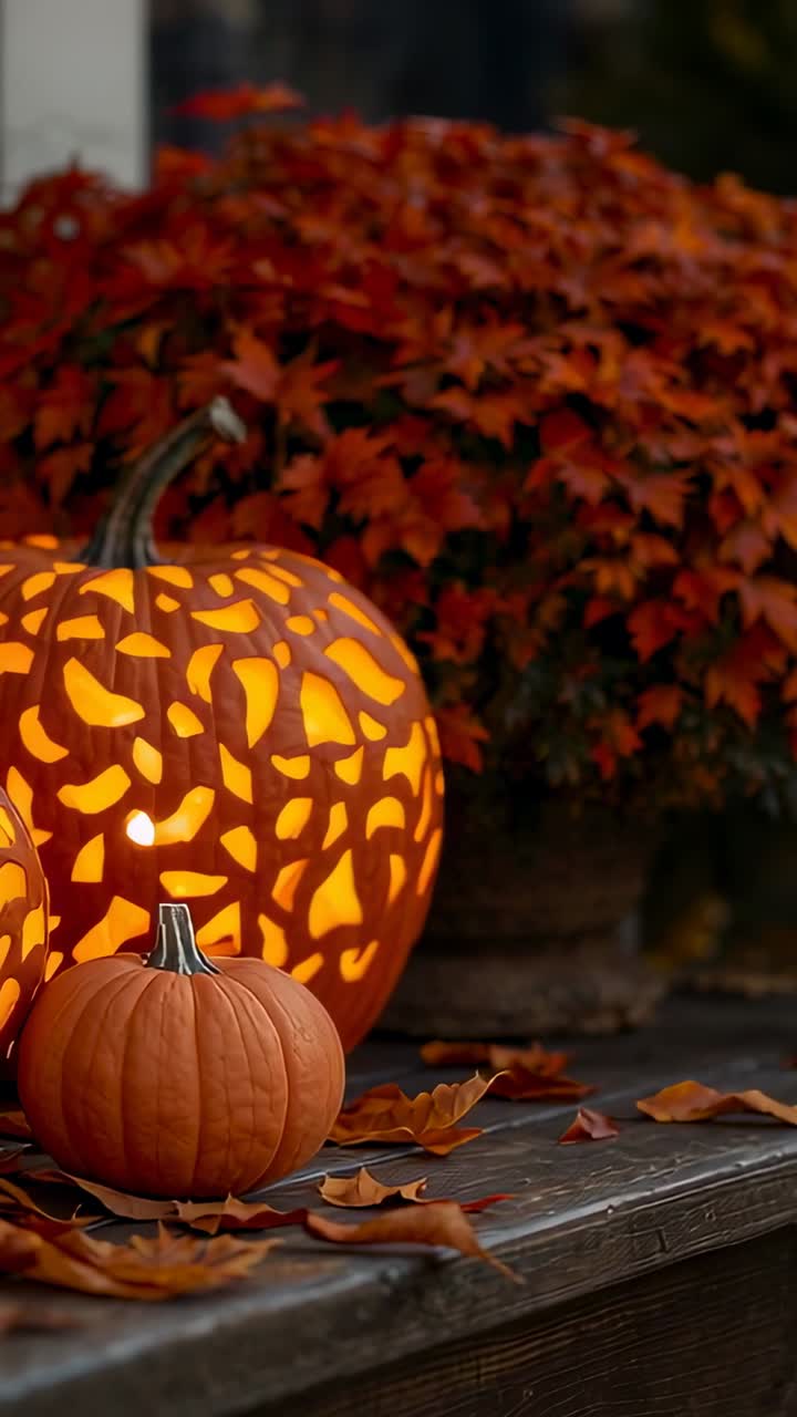 Vertical video: Camera pushing forward toward porch bench, revealing glowing and uncarved pumpkins