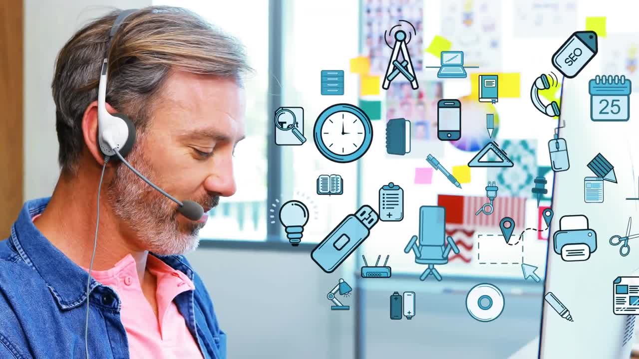 Animaiton of Caucasian man smiling and looking at the camera over multiple icons next to him