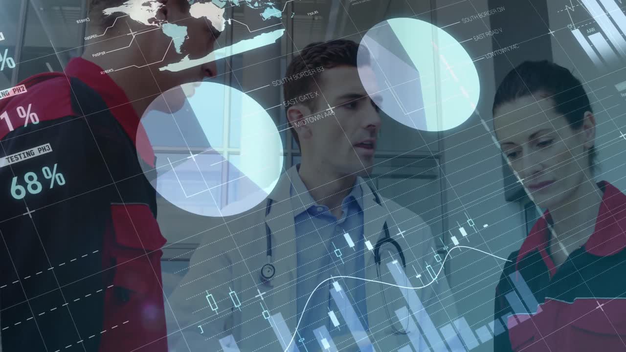 animación de datos financieros sobre un médico masculino caucásico y paramédicos hablando