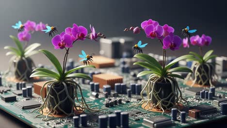 a marvelous fusion of nature and technology: colorful orchids thrive amidst a circuit board, highlighting the harmony of organic and digital life