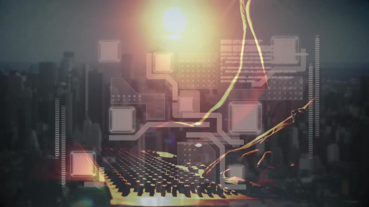 Musician sliding arm and rotating console knob while shaping audio mix and circuit graphics pulsing