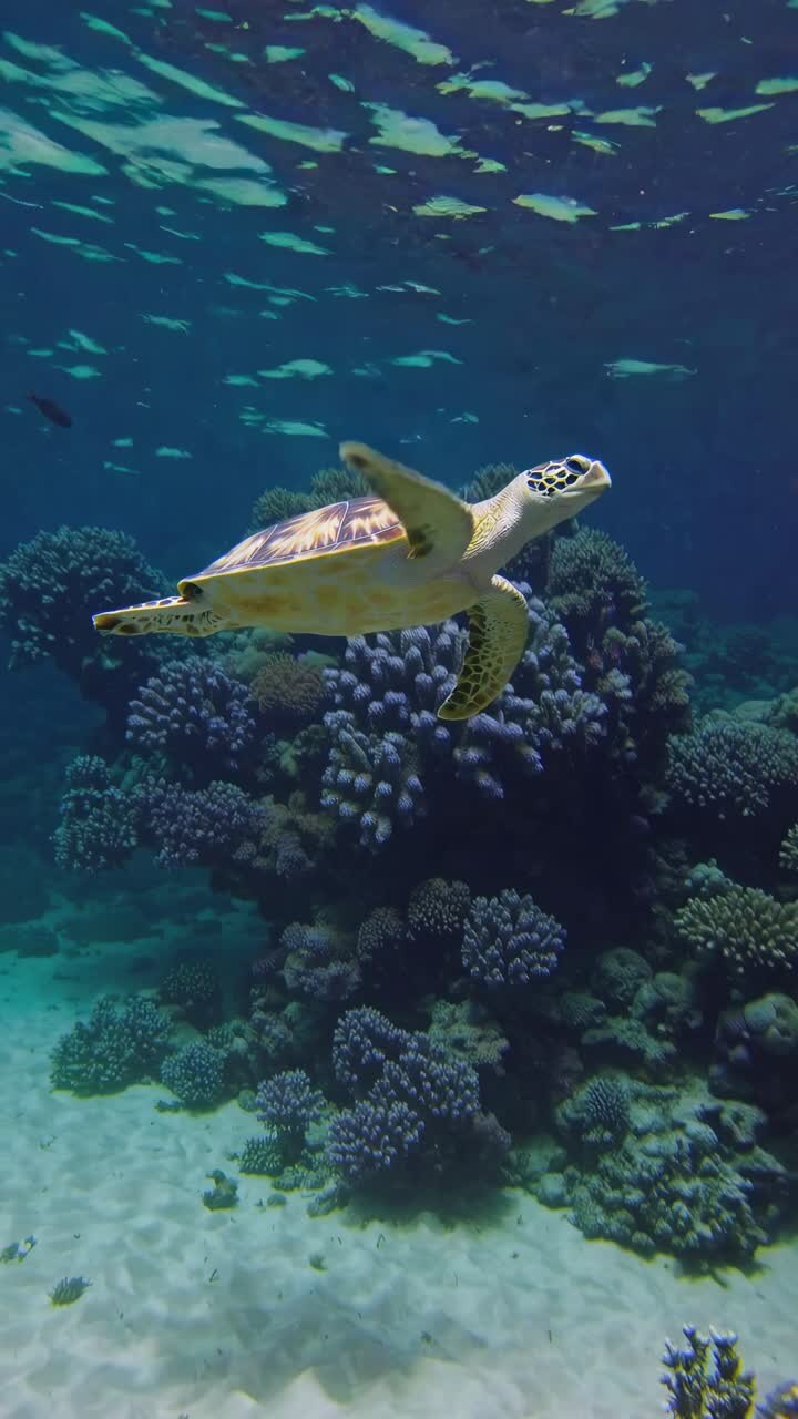 Underwater video scene of a sea turtle swimming over a coral reef, captured from a low-angle