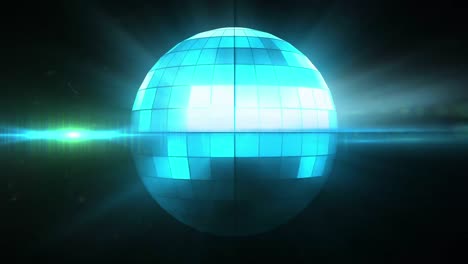 Animation-of-blue-glowing-and-sparkling-mirror-disco-ball-spinning.