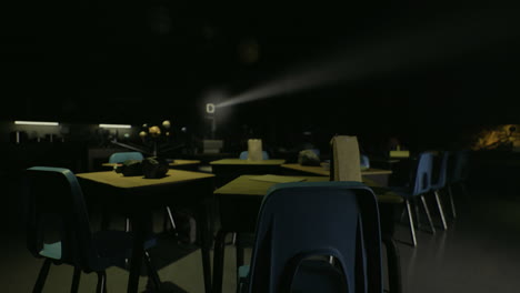 dark classroom with desks and projector illuminating empty space at night