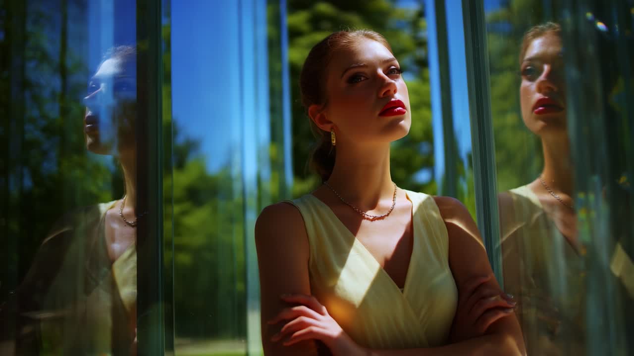 A Poised Reflection: An Elegant Individual Captured Amidst Translucent Structures and Natural Splendor, Channeling Introspection and Graceful Ambiance Under the Sun-Drenched Atmosphere