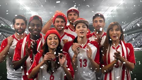 Group-of-fans-cheering-for-their-team-with-confetti