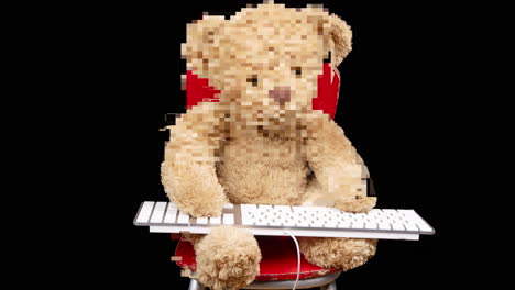 teddy bear typing on a computer keyboard