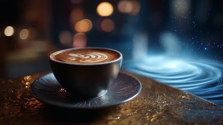 Un'accogliente scena di una tazza di caffè finemente realizzata appoggiata su un tavolo di legno, che evoca calore e comfort in un contesto cosmico e sognante